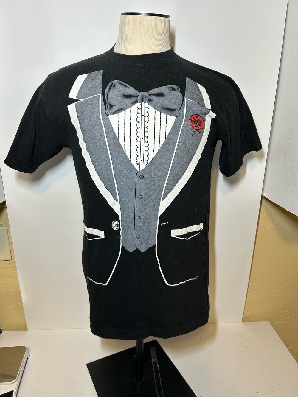 Black Novelty Tuxedo Graphic Tee with Gray Bow Tie Print sierra madre vintage80s